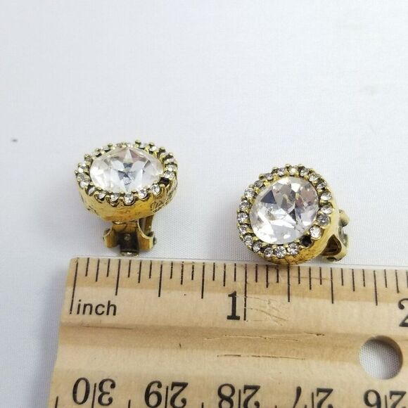 Vintage Zentall Round Rhinestone Clip On Earrings, Gold Tone Halo Signed - Picture 6 of 8
